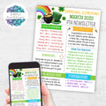 march newsletter template with lucky leprechaun pot of gold theme